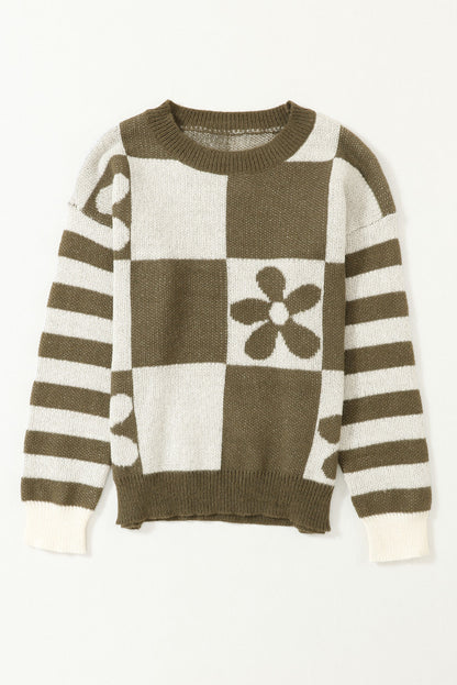 Checker Floral Stripe Patchwork Sweater