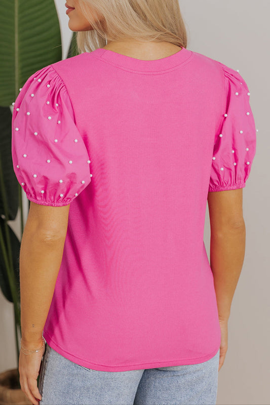 Pearl Beaded Ribbed Puff Sleeve Top