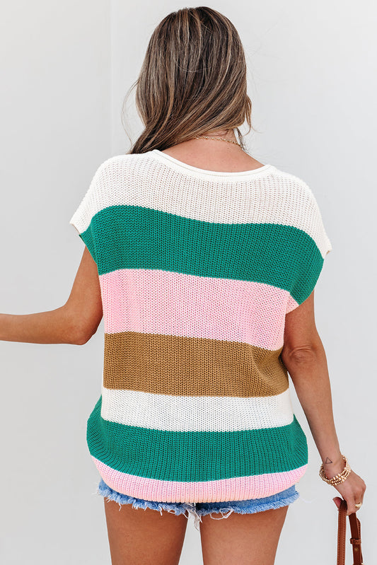 Colorblock Notched V-Neck Sweater T-Shirt