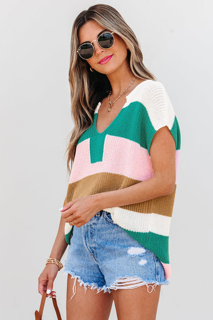 Colorblock Notched V-Neck Sweater T-Shirt