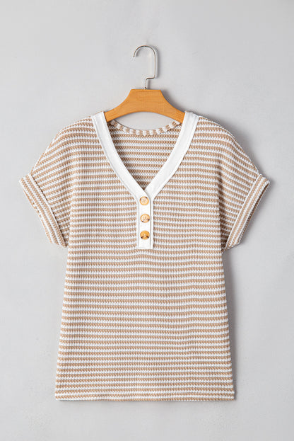 Stripe Button Front V-Neck T-Shirt