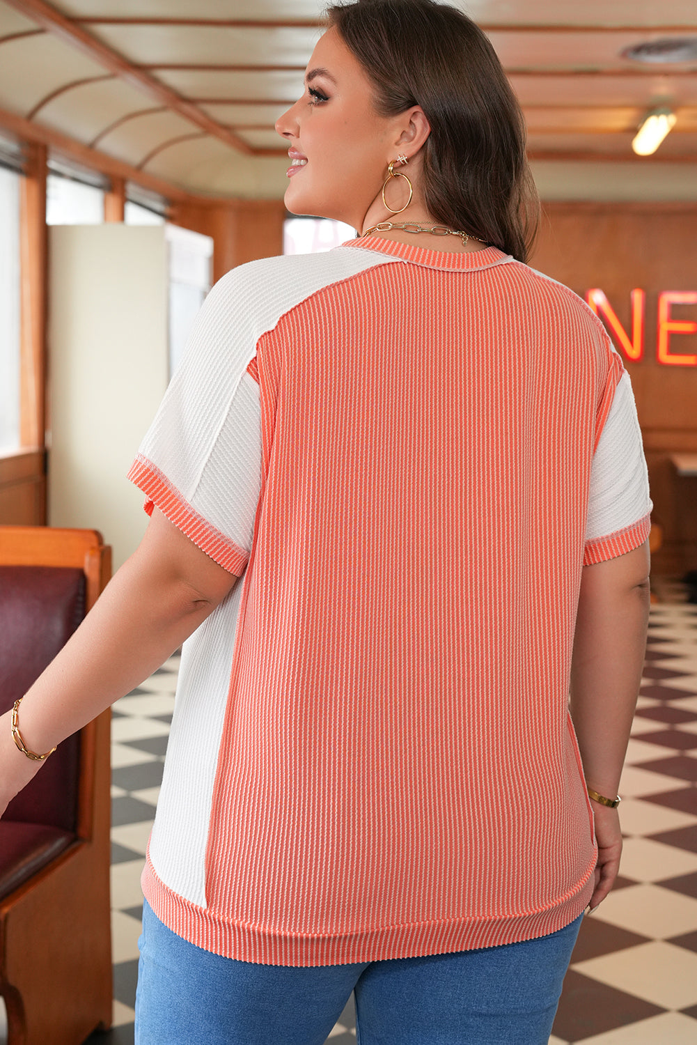 Plus Size Colorblock Corded Short Sleeve Top