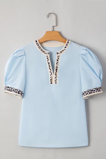 Leopard Contrast Puff Sleeve Blouse