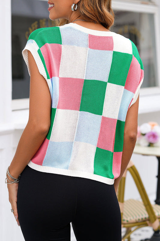 Colorblock Checker Cap Sleeve Sweater