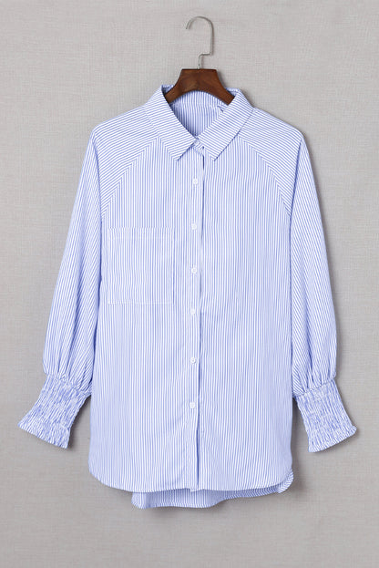 Stripe Smocked Cuff Buttoned Shirt