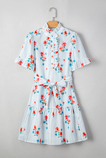 Stripe Floral Belted Mini Dress