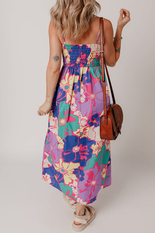 Floral Shirred Spaghetti Strap Maxi Dress