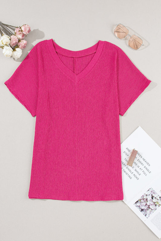 Solid Crinkled V-Neck T-Shirt