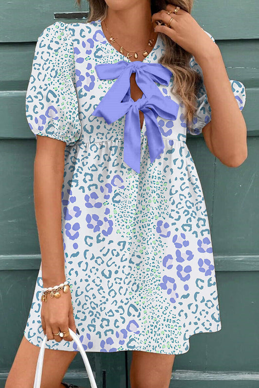 Leopard Contrast Bow Puff Sleeve Dress
