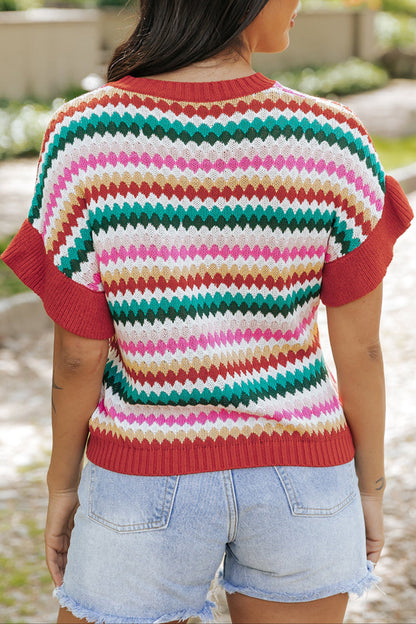 Stripe Ruffle Short Sleeve Sweater