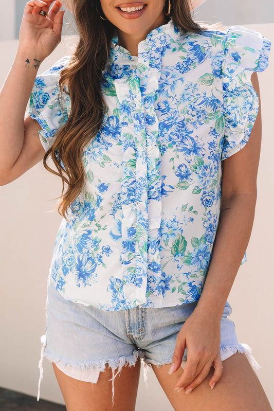 Floral Ruffle Sleeve Buttoned Shirt