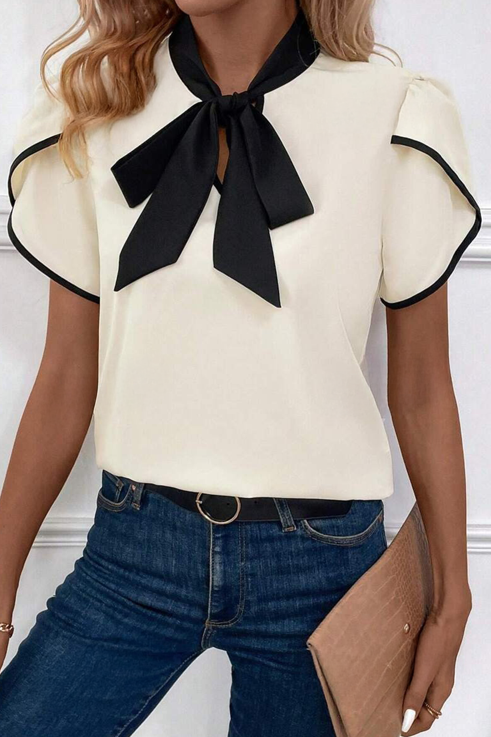 Stripe Contrast Bow Neckline Blouse