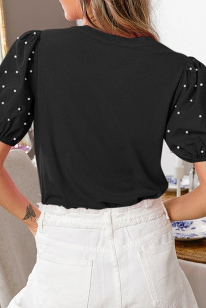 Pearl Beaded Ribbed Puff Sleeve Top