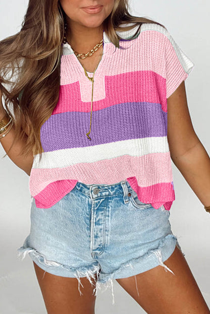 Colorblock Notched V-Neck Sweater T-Shirt