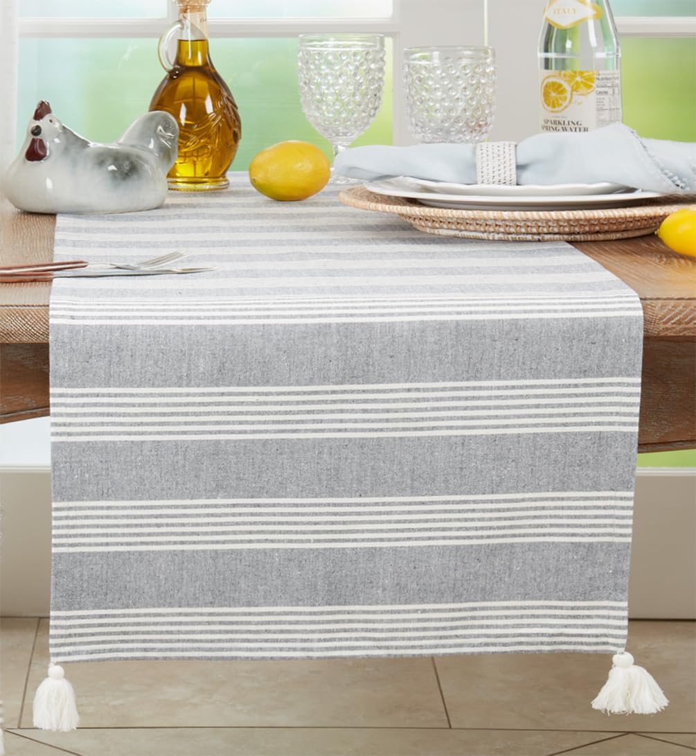 Blue Striped Tassel Table Runner — 16 × 72 in