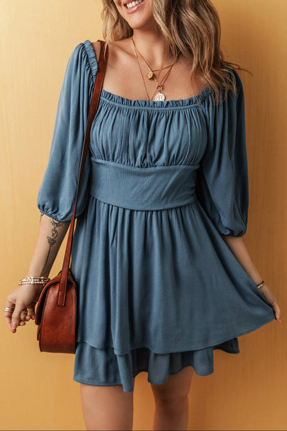 Ruched 3/4 Sleeve Layered Mini Dress