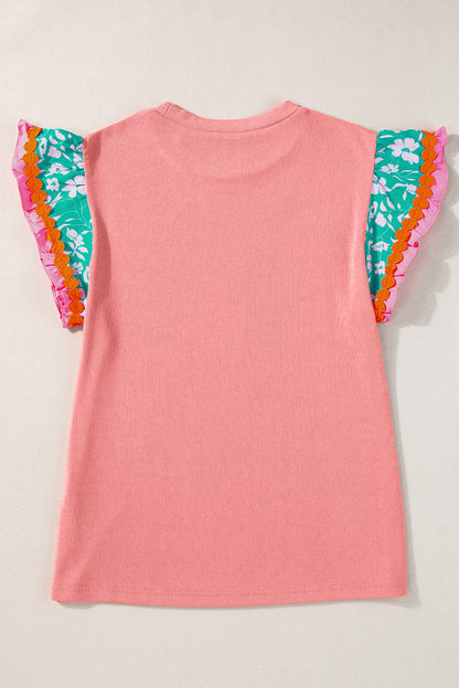 Floral Ric-Rac Contrast Short Sleeve Top