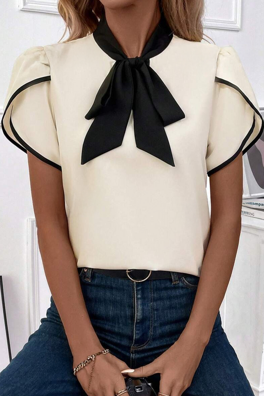 Stripe Contrast Bow Neckline Blouse