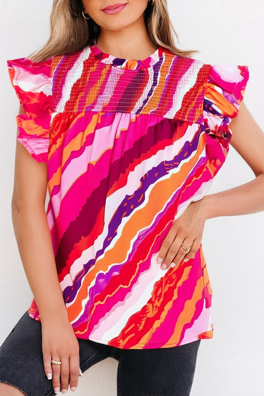 Abstract Shirred Ruffle Sleeve Blouse