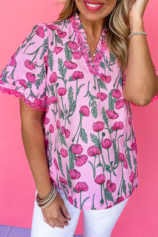 Floral Lace Frilled V-Neck Blouse