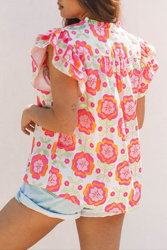 Floral Ric-Rac Ruffle Sleeve Blouse