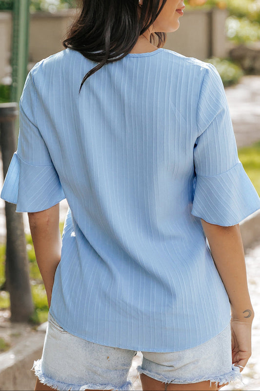 Textured Ruffle Sleeve V-Neck Top
