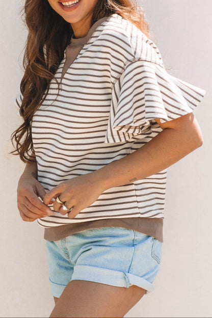 Stripe Contrast Trim Ruffle Sleeve Top
