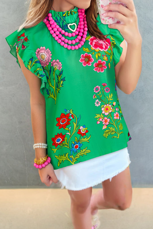 Floral Flutter Sleeve Frilled Neck Blouse