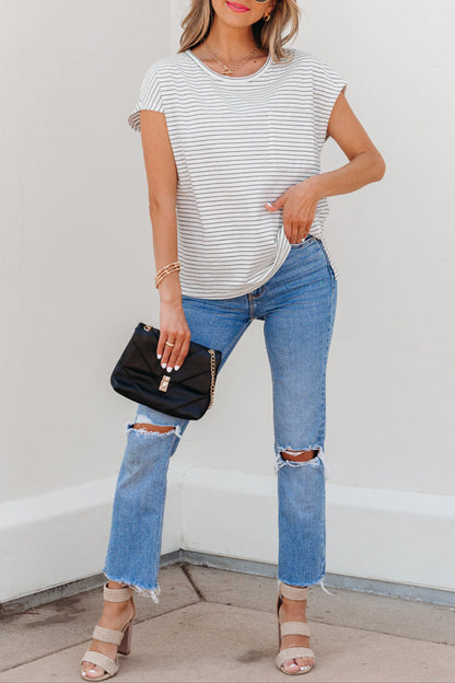 Stripe Cap Sleeve Crewneck Tee