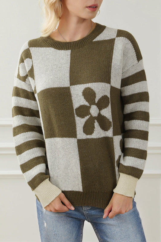 Checker Floral Stripe Patchwork Sweater