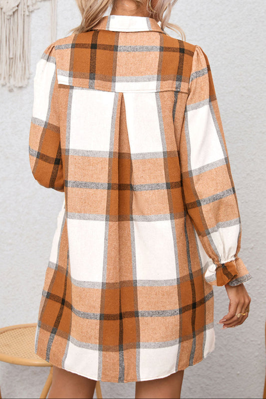 Plaid Ruffle Sleeve Shirt Dress