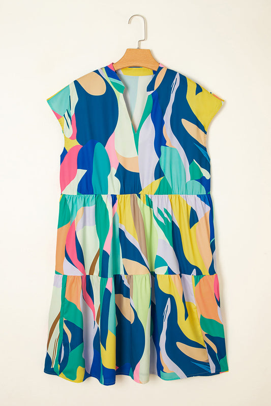 Abstract V-Neck Tiered Mini Dress