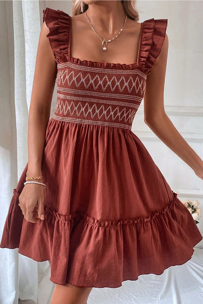 Geometric Embroidered Ruffle Mini Dress
