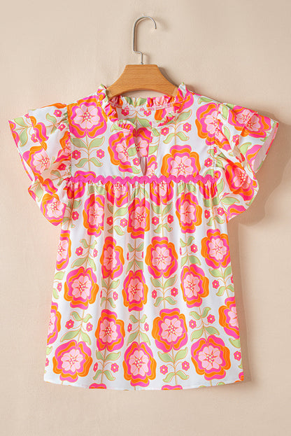 Floral Ric-Rac Ruffle Sleeve Blouse