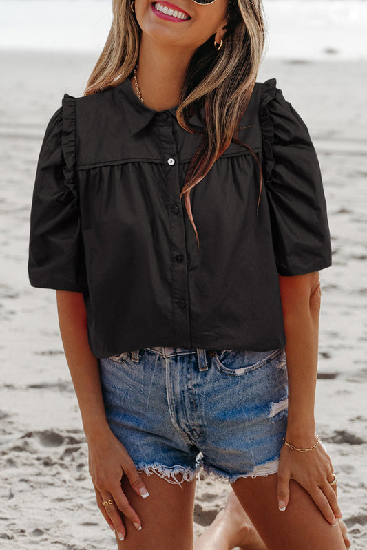 Frilled Puff Sleeve Buttoned Shirt