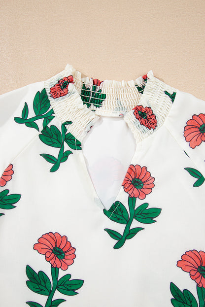 Floral Shirred Split Neck Blouse