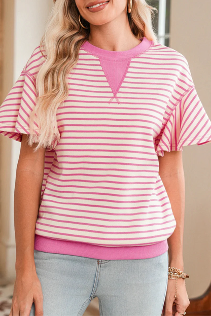 Stripe Contrast Trim Ruffle Sleeve Top