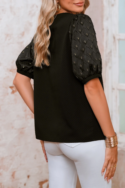 Feather Patchwork Bubble Sleeve Blouse
