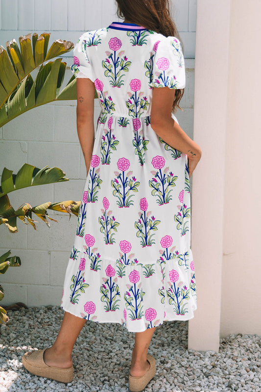 Floral Puff Sleeve V-Neck Midi Dress