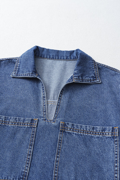 Denim Collared V-Neck Pocketed Dress