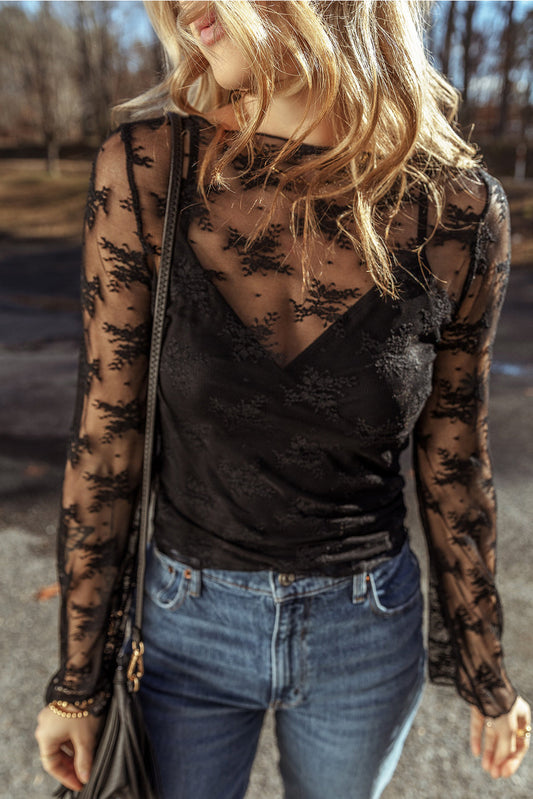 Lace Mesh Sheer Long Sleeve Blouse
