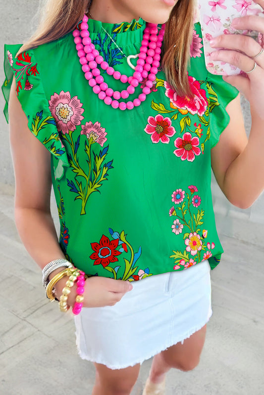 Floral Flutter Sleeve Frilled Neck Blouse