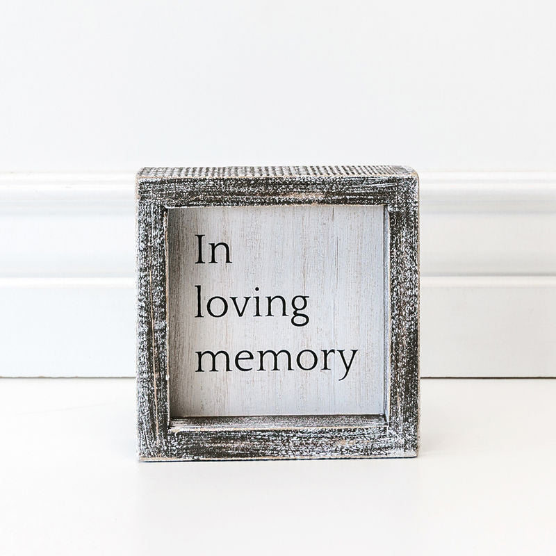 5x5x1.5 frmd sign (LVNG MEMRY) white/bk