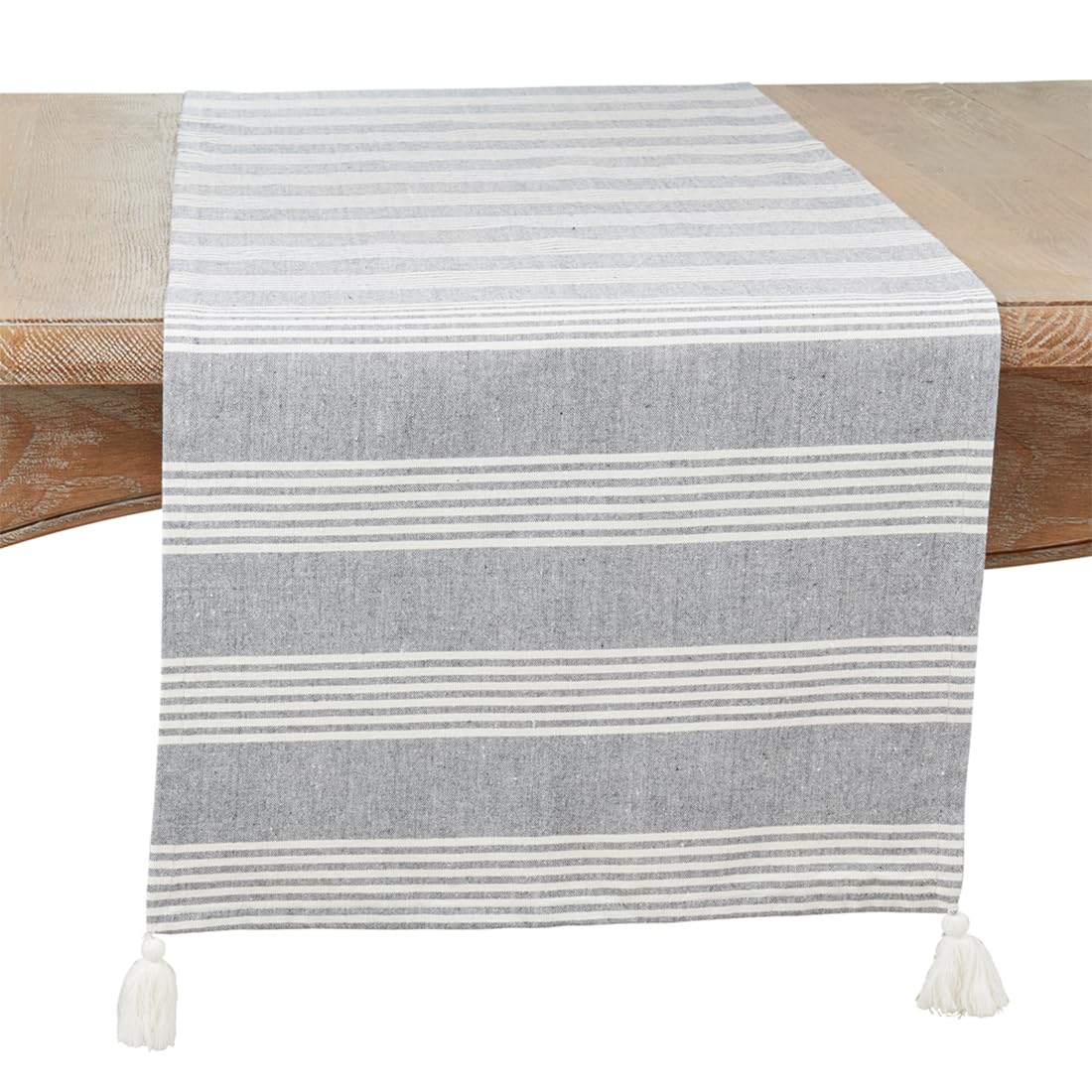 Blue Striped Tassel Table Runner — 16 × 72 in