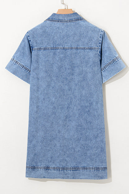 Denim Collared V-Neck Pocketed Dress