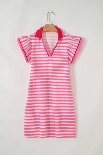 Stripe Contrast Collared V-Neck Dress