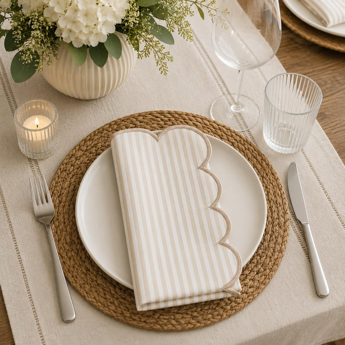 Natural Scalloped Stripe Cloth Napkins