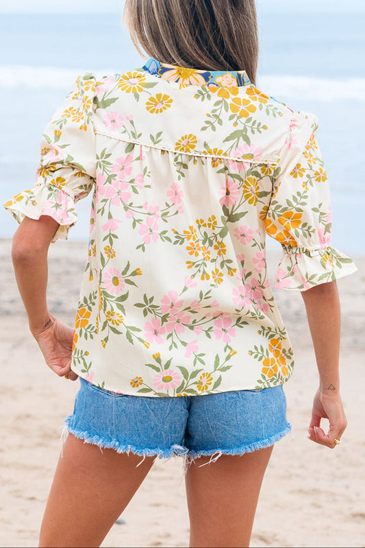 Boho Floral Crochet V-Neck Blouse