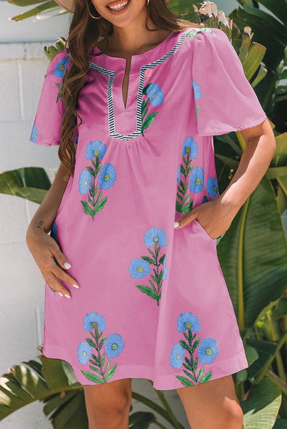 Floral Split Neck Mini Dress