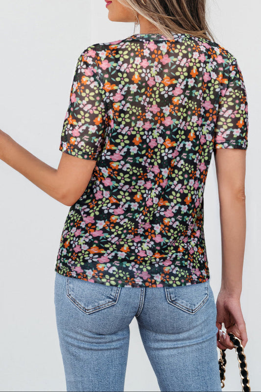 Floral Sheer Mesh T-Shirt